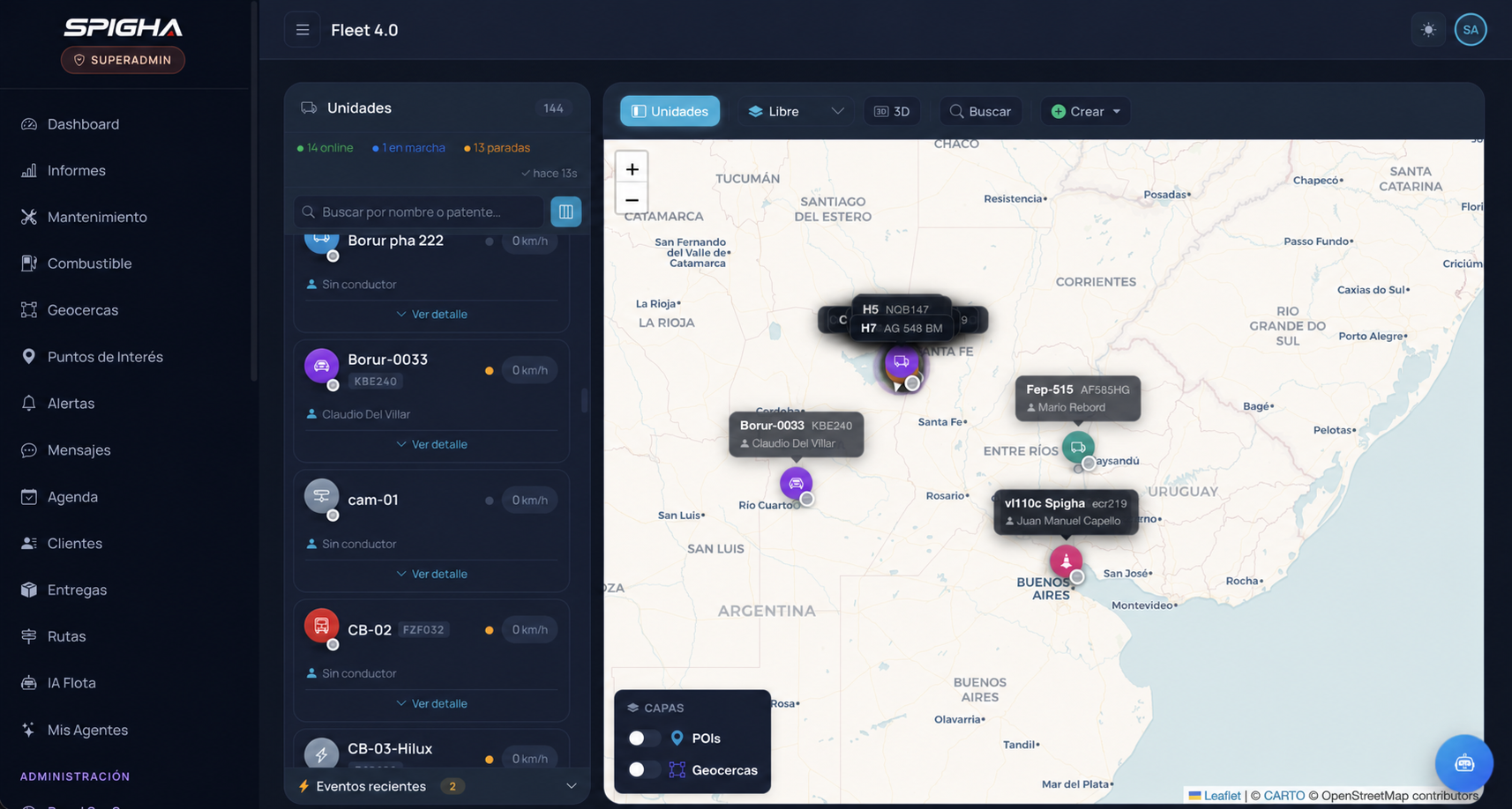 Panel de control de Spigha Fleet 4.0 con mapa y unidades en tiempo real
